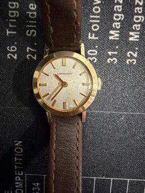 Vintage Longines Gold tone Case Watch with Brown Strap and Light Dial